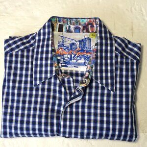 Robert Graham Mens Button Front Shirt Large White Blue Plaid Pattern Long Sleeve